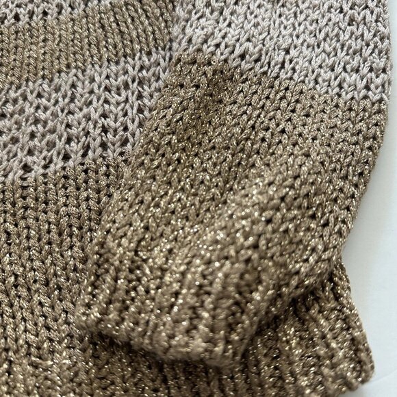 LOFT M Cardigan Tan Gold Sparkle 3/4 Sleeves Open-Knit Front Stripes Metallic - Picture 6 of 8